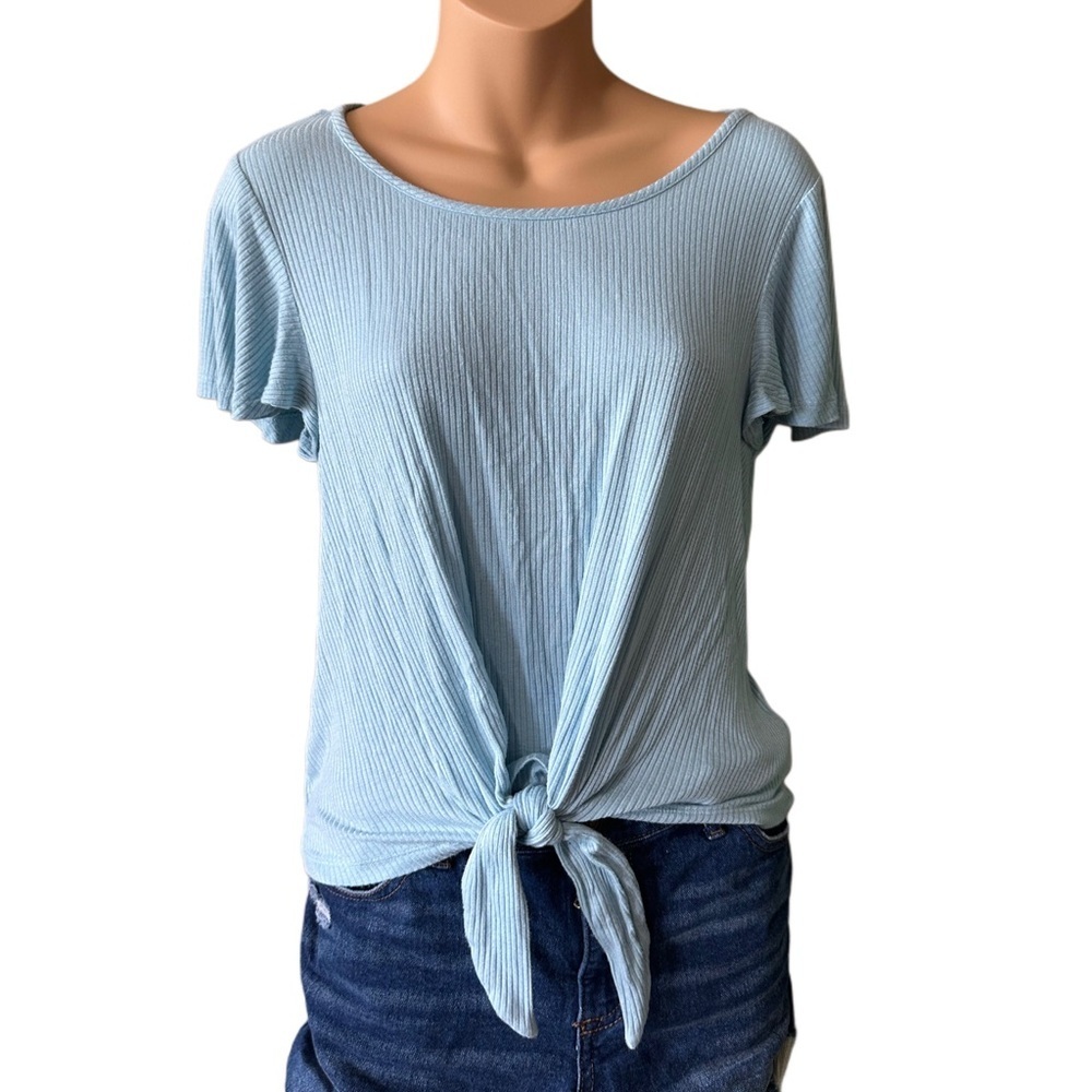Candie's Light Blue Short Sleeve Tee with Tie Waist and Ruffle Sleeves.